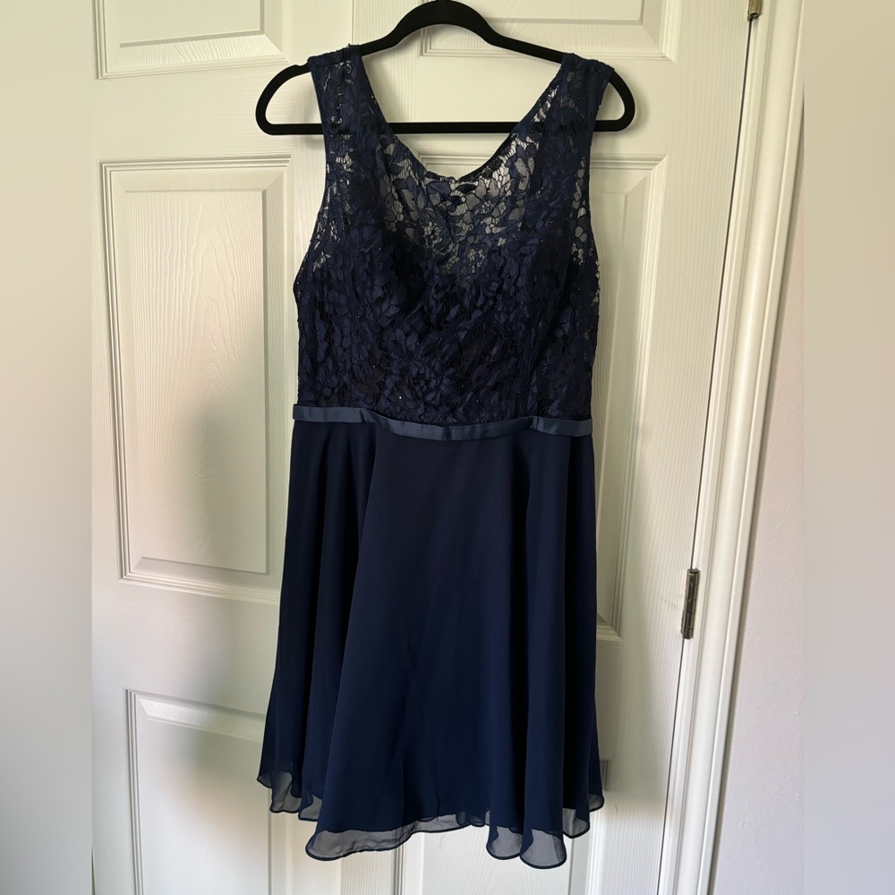 Elizabeth K by GLS Lace Embellished Bodice Chiffon Short Dress Navy Blue SZ  XL